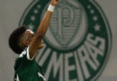 Atacante Estêvão comemora gol apontando para o céu com o escudo do Palmeiras ao fundo
