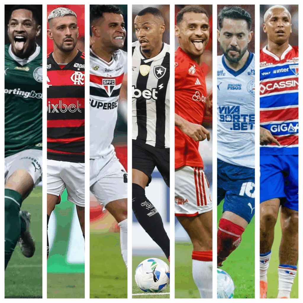 Montagem com fotos dos jogadores Vitor Roque, Arrascaeta, Alisson, Marlon Freitas, Alan Patrick, Everton Ribeiro e Deyverson