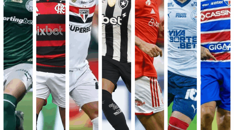 Montagem com fotos dos jogadores Vitor Roque, Arrascaeta, Alisson, Marlon Freitas, Alan Patrick, Everton Ribeiro e Deyverson