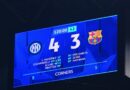 Placar do estádio San Siro mostra Inter 4 x 3 Barcelona