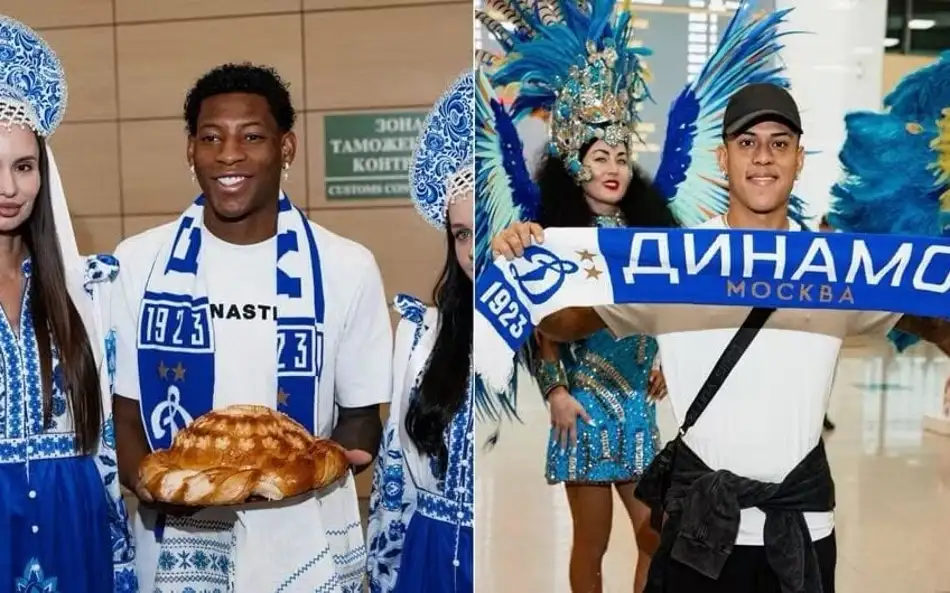 Gonzalo Plata e Matheus Martins recebidos com festa em Moscou (Foto: Reprodução/Dínamo de Moscou)